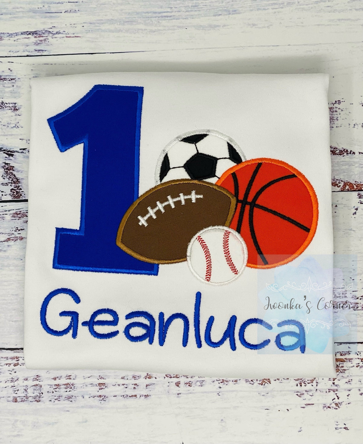 Boy 1st sports birthday shirt with football, basketball, baseball and soccer,For Any age or number, Sport Embroidery shirt for toddlers