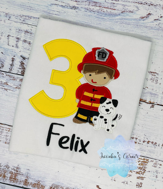 Boy 3rd Birthday Fireman Hero and Dalmation Dog Embroidered Shirt for Boy or Girl, Firefighter Birthday Shirt