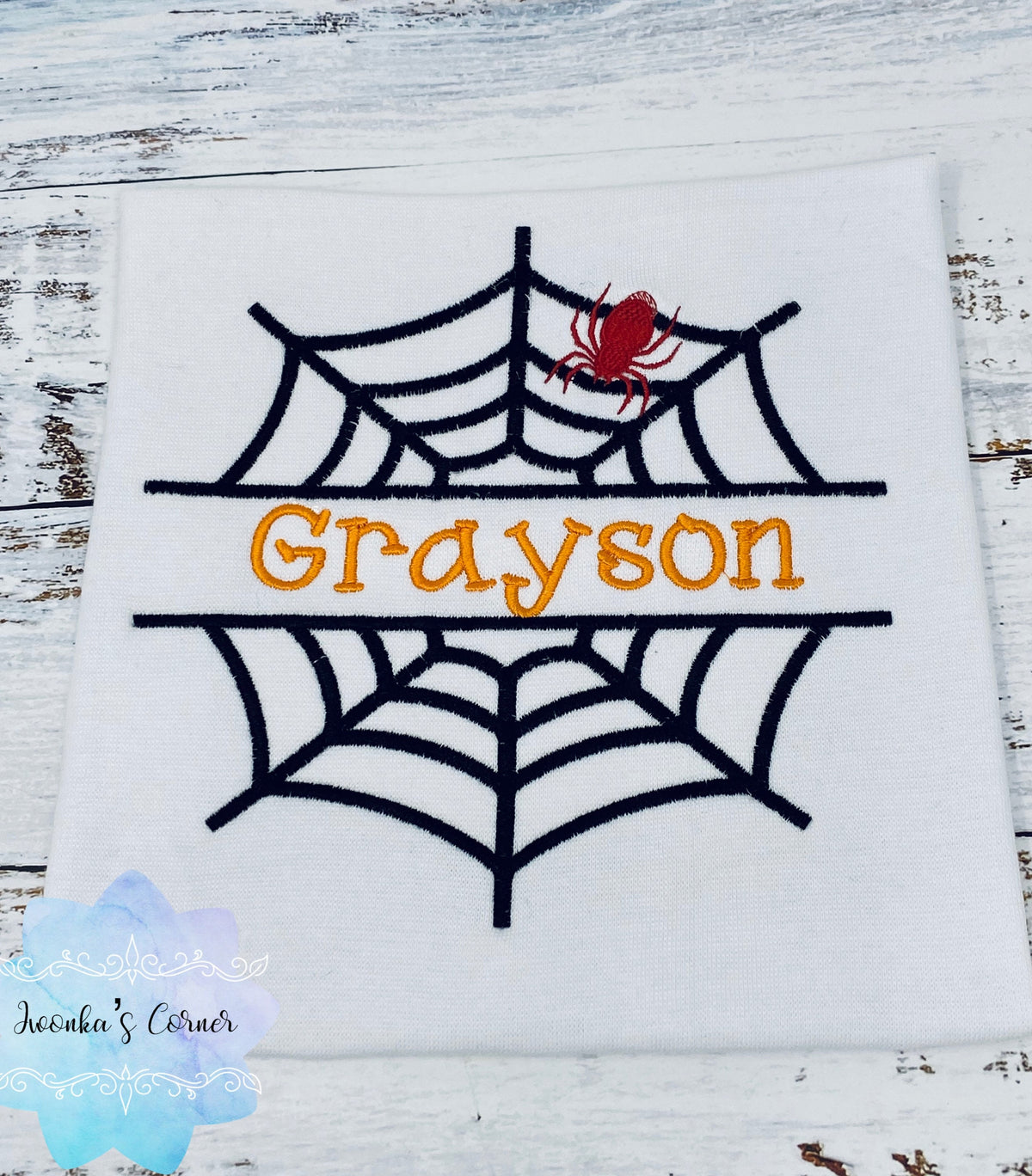 Halloween Black Spiderweb with Embroider Name, Halloween Shirt for Boy or Girl