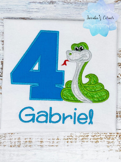 Boys shirt with green snake, Custom embroidery birthday shirt with snake