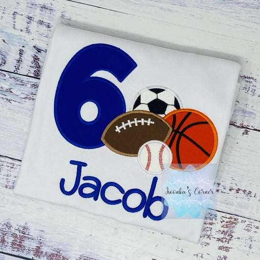 Boy 6th  sports birthday shirt with football, basketball, baseball and soccer, For Any age, Sport Embroidery shirt for toddlers