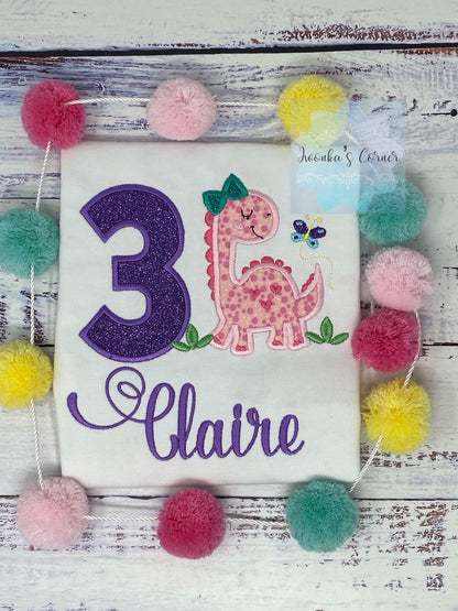Girls Dinosaur Birthday Shirt, Applique and Embroidery Dino Shirt, Monogrammed T-shirt, Child's Birthday Shirt, Dinosaur Party Shirt