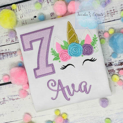 7th Birthday Unicorn Shirt, Girl Purple Number Uni Outfit, Unicorn birthday, Rainbow Unicorn outfit, Unicorn embroidery gift, Any age