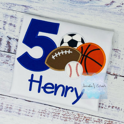 Boy 6th  sports birthday shirt with football, basketball, baseball and soccer, For Any age, Sport Embroidery shirt for toddlers