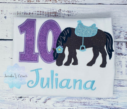 Girl 10th Birthday Shirt With Bay Brown Horse, Birthday Shirt with Horse and Saddle, 4th, 6th 7th Horse Birthday Shirt, Embroidered Horse