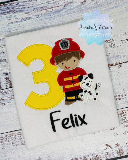 Boy 3rd Birthday Fireman Hero and Dalmation Dog Embroidered Shirt for Boy or Girl, Firefighter Birthday Shirt