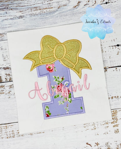 Girl purple Floral birthday shirt with gold bow