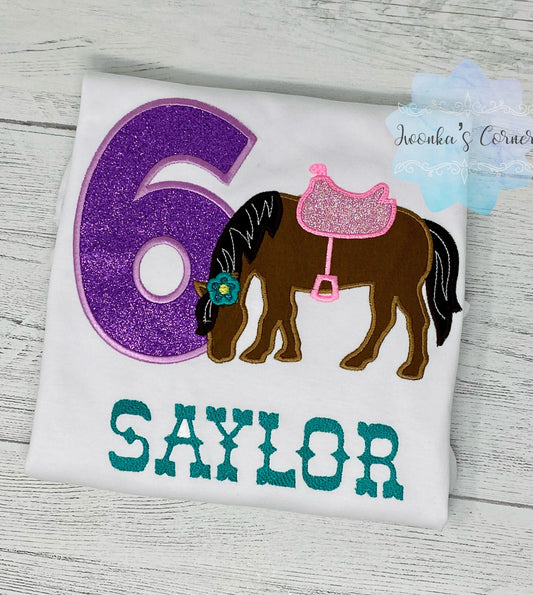 Girl 6th Birthday Shirt With Bay Horse, Birthday Shirt with Brown Pony and Saddle, 3rd, 4th, 5th, 7th Birthday Shirt with a Pony