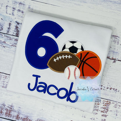 Boy 6th  sports birthday shirt with football, basketball, baseball and soccer, For Any age, Sport Embroidery shirt for toddlers