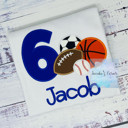 Boy 6th  sports birthday shirt with football, basketball, baseball and soccer, For Any age, Sport Embroidery shirt for toddlers