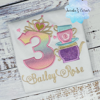 Girl 3rd birthday shirt with teapot and tea cups, Tea party shirt, 2nd, 4th, 5th, 6th birthday outfit for tea party
