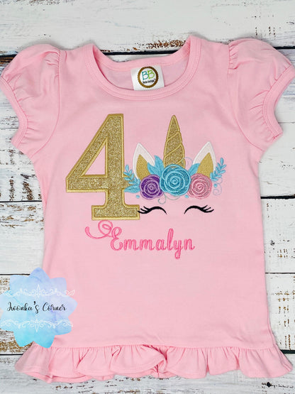 Girl 4th birthday shirt with unicorn, Birthday unicorn outfit, Embroidered birthday unicorn shirt