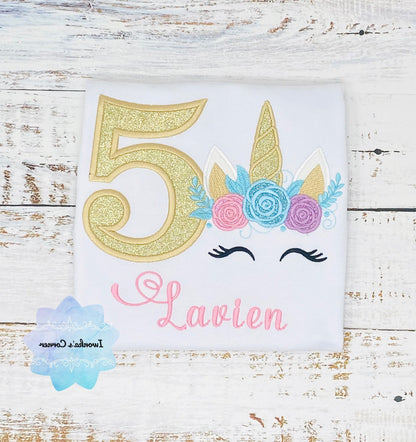 Girl 4th birthday shirt with unicorn, Birthday unicorn outfit, Embroidered birthday unicorn shirt