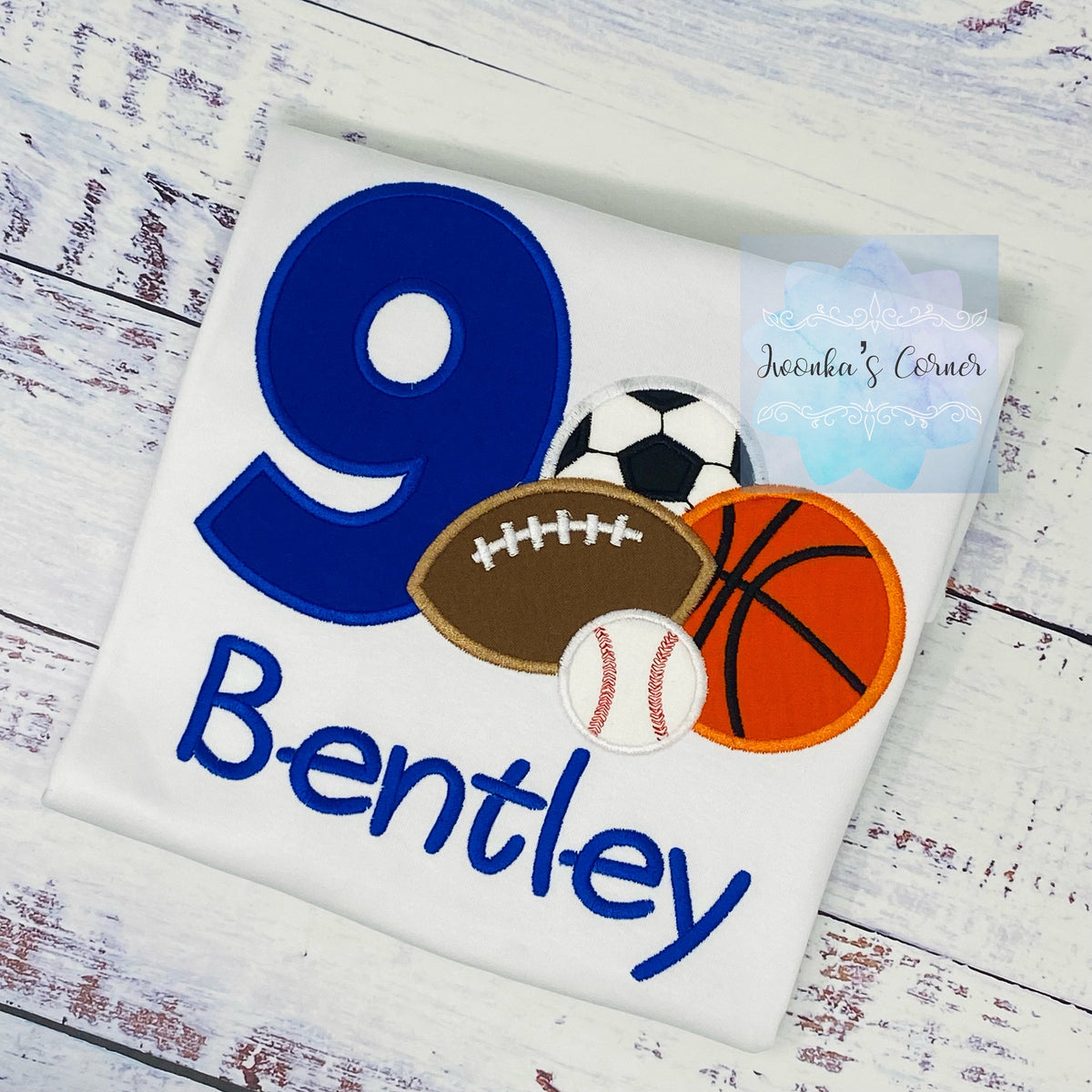 Boy 6th  sports birthday shirt with football, basketball, baseball and soccer, For Any age, Sport Embroidery shirt for toddlers