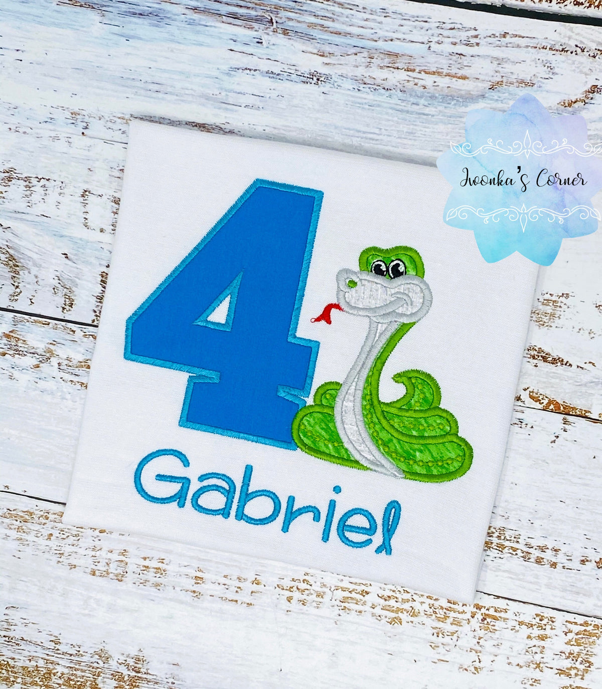 Boys shirt with green snake, Custom embroidery birthday shirt with snake