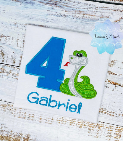 Boys shirt with green snake, Custom embroidery birthday shirt with snake