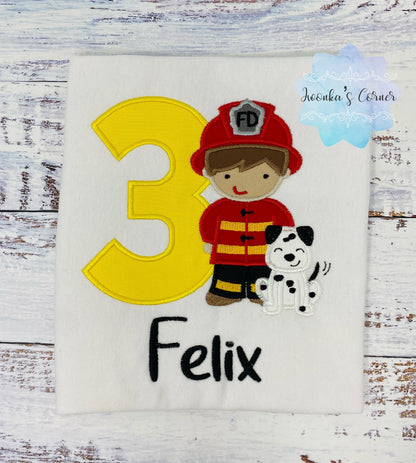 Boy 3rd Birthday Fireman Hero and Dalmation Dog Embroidered Shirt for Boy or Girl, Firefighter Birthday Shirt