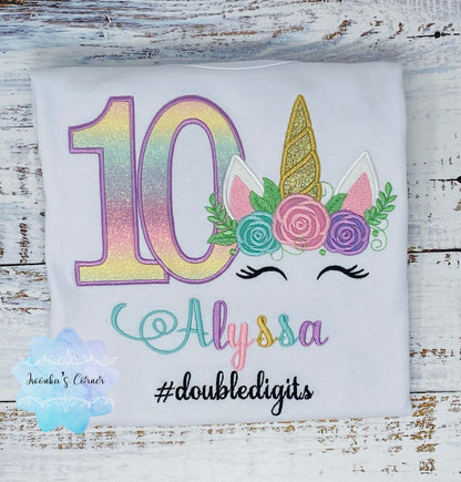 Girl embroidered birthday shirt with rainbow unicorn, 10th birthday shirt, Flower, Unicorn outfit,