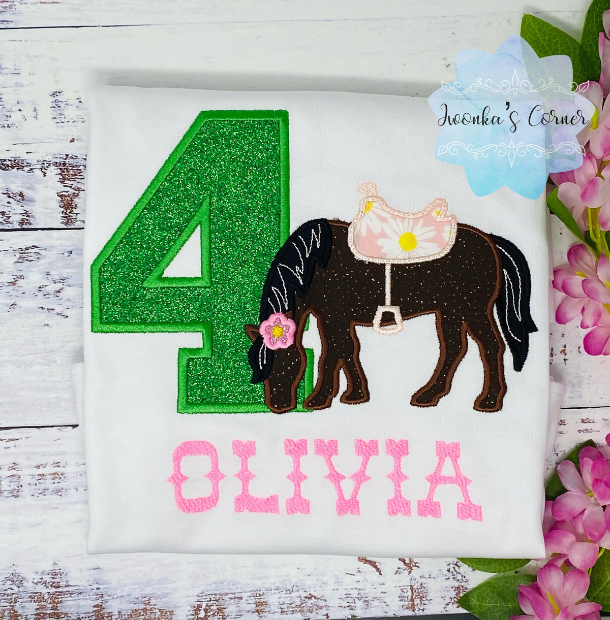 Girl 4th Birthday Shirt With Brown Horse, Birthday Shirt with Embroidered Horse and Saddle, 4th, 6th Horse Birthday Shirt, Green Number
