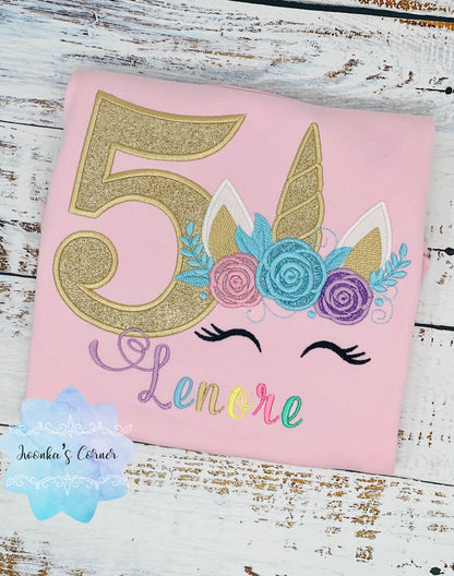Girl 4th birthday shirt with unicorn, Birthday unicorn outfit, Embroidered birthday unicorn shirt