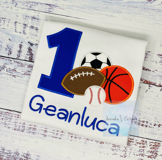 Boy 1st  sports birthday shirt with football, basketball, baseball and soccer,For Any age or number, Sport Embroidery shirt for toddlers