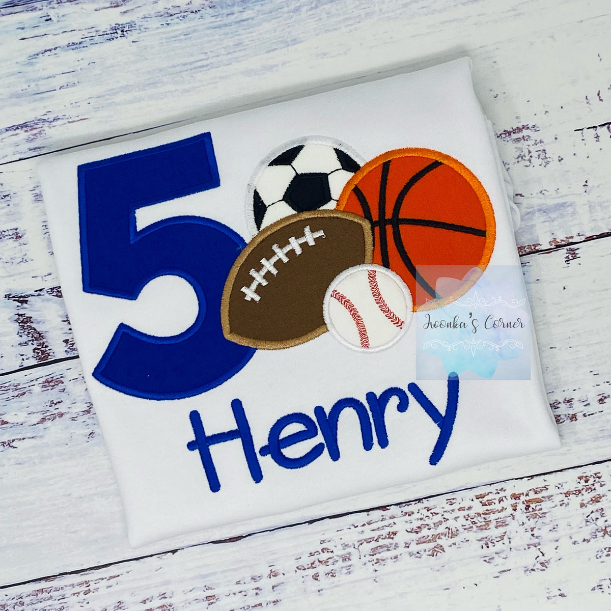 Boy 6th  sports birthday shirt with football, basketball, baseball and soccer, For Any age, Sport Embroidery shirt for toddlers