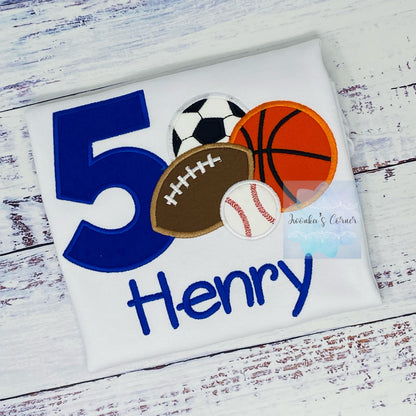 Boy 6th  sports birthday shirt with football, basketball, baseball and soccer, For Any age, Sport Embroidery shirt for toddlers