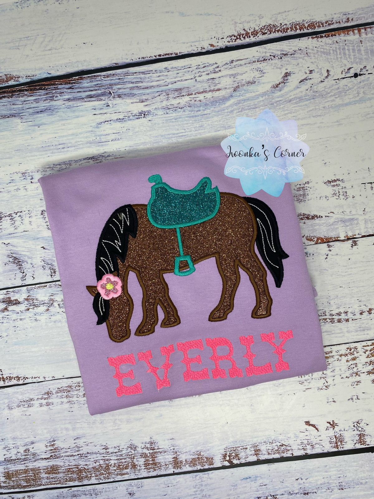Girl Shirt With Bay Glitter Horse, Brown Pony with Saddle, Birthday Shirt Gift with Horse, T-Shirt with a Pony, Cowgirl gift, Glitter Horse