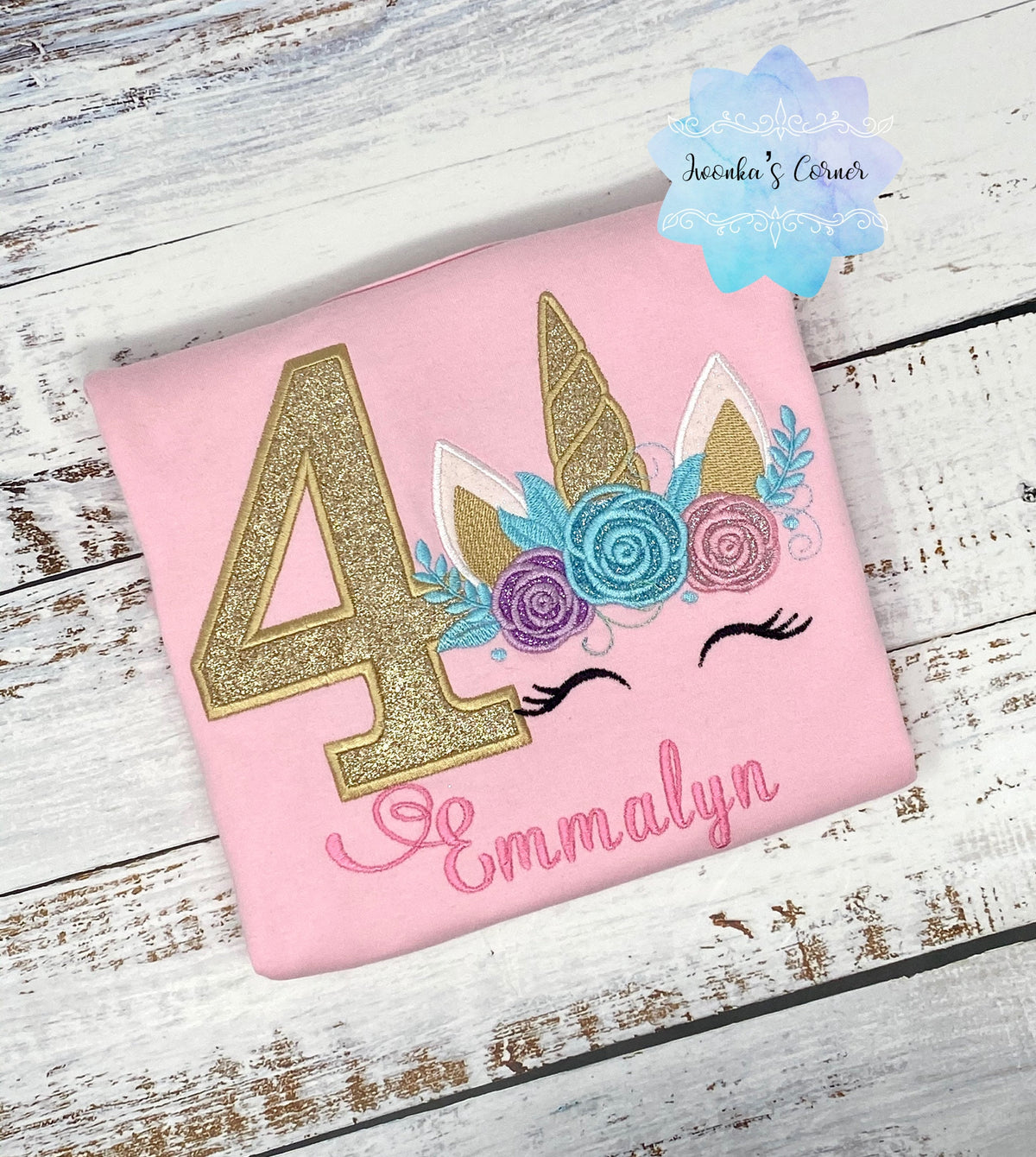 Girl 4th birthday shirt with unicorn, Birthday unicorn outfit, Embroidered birthday unicorn shirt