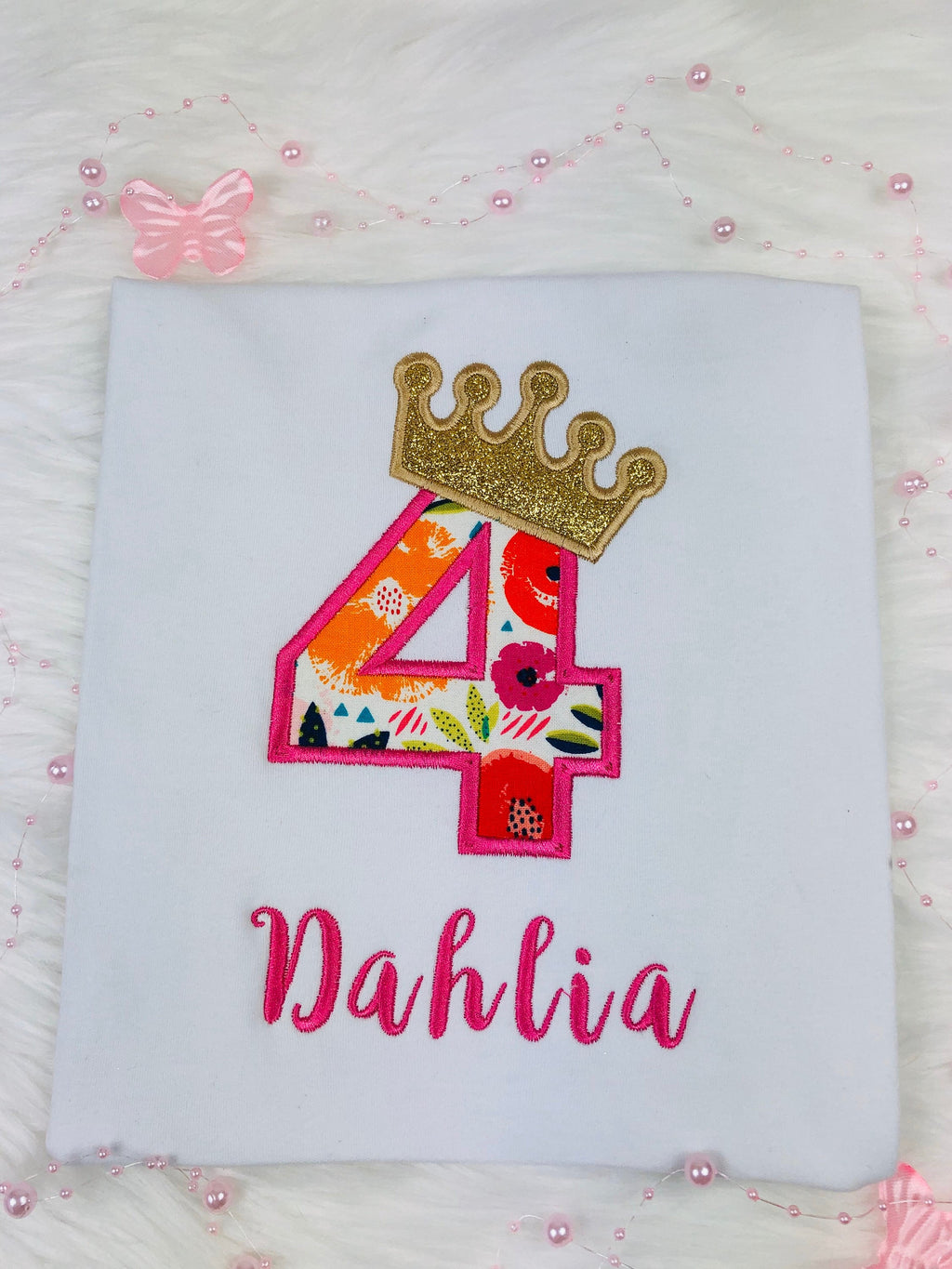Girls shirt with birthday number and golden crown, Birthday outfit with sparkly crown