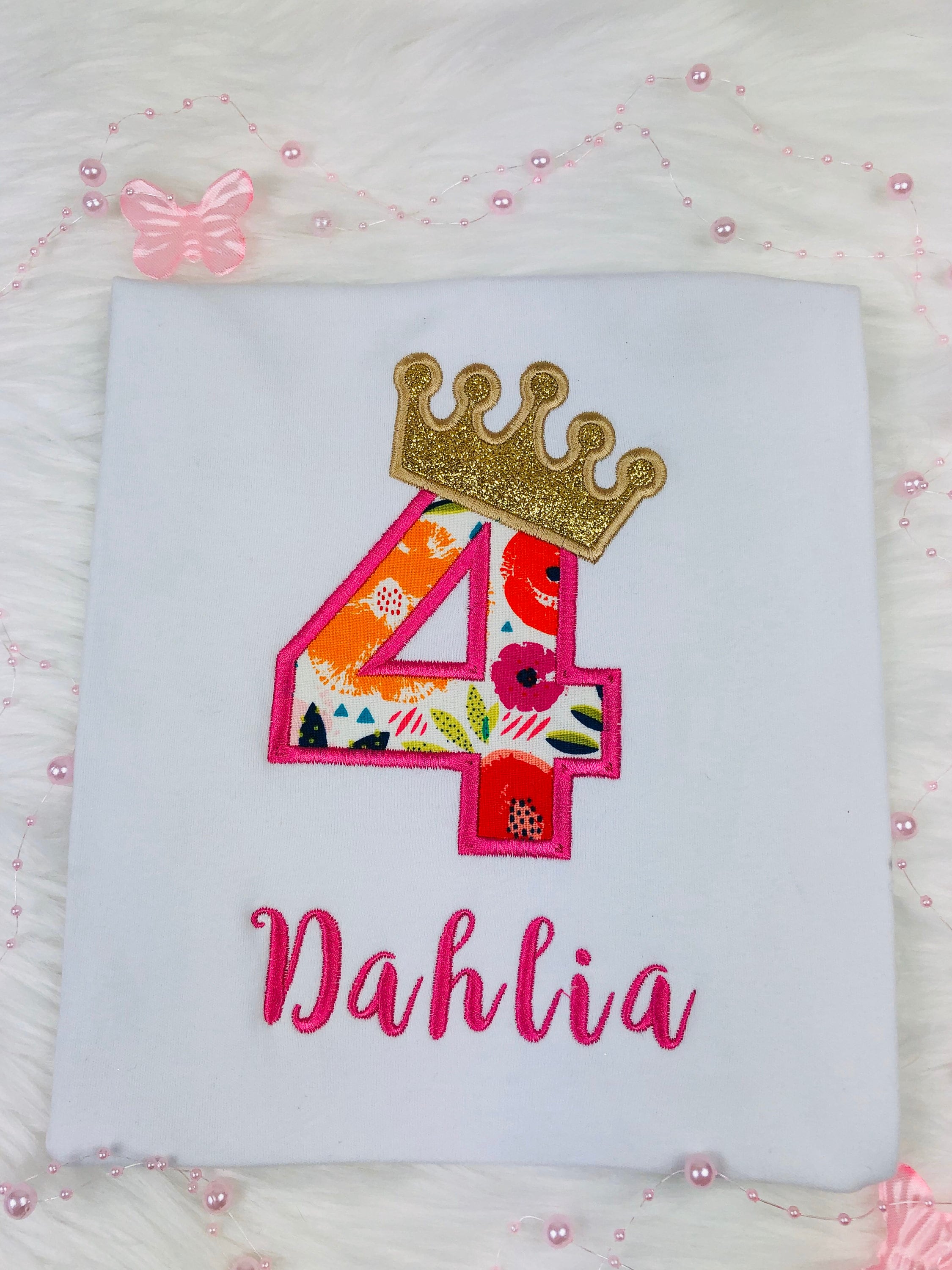 Girls shirt with birthday number and golden crown, Birthday outfit with sparkly crown