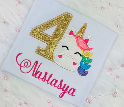 Birthday shirt with rainbow unicorn and gold number, Unicorn party, Unicorn outfit for a girl 2nd, 3rd, 4th birthday