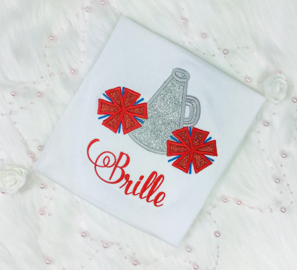 Girls shirt with Megaphone and Pom Poms, Cheerleading Pom Poms, Cheerleader shirt, Embroidery shirt