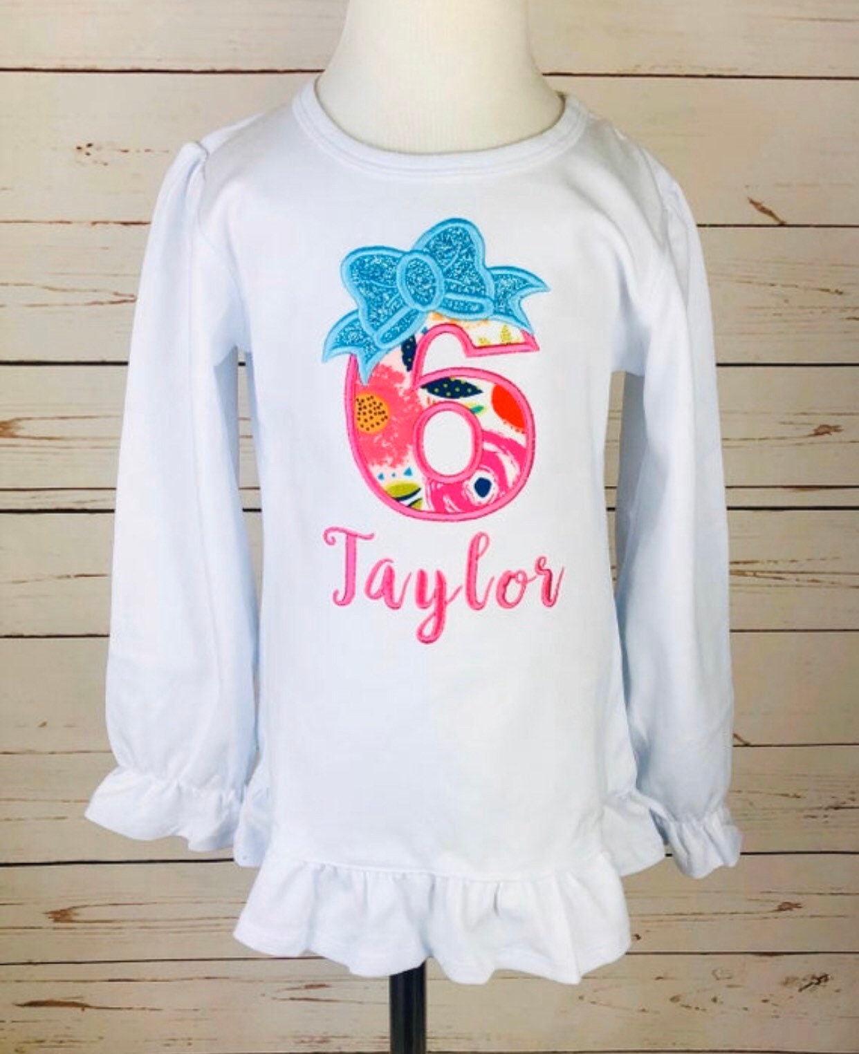 Birthday shirt with applique number and bow, Birthday outfit for a girl, 1st, 2nd, 6th birthday