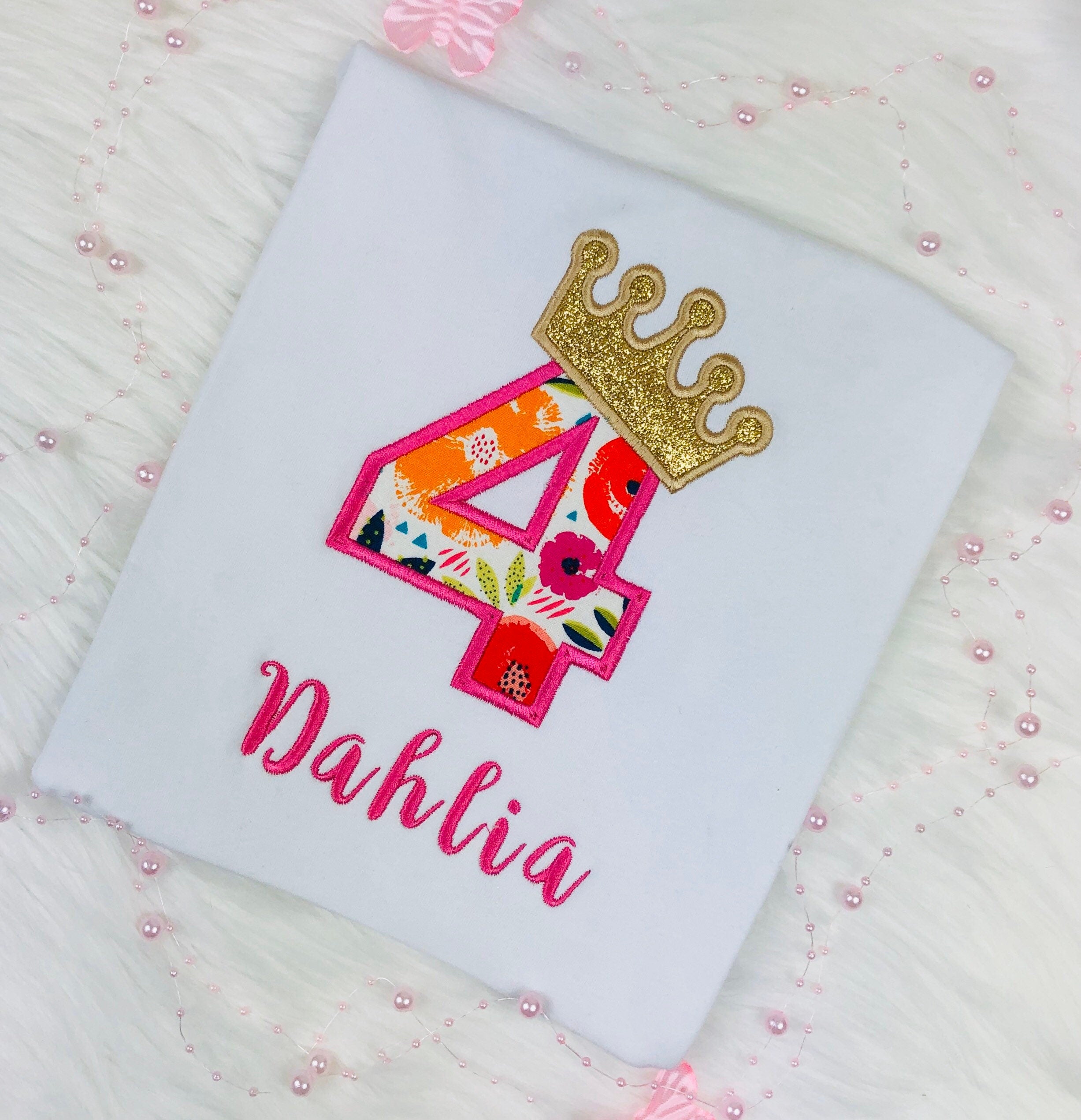 Girls shirt with birthday number and golden crown, Birthday outfit with sparkly crown