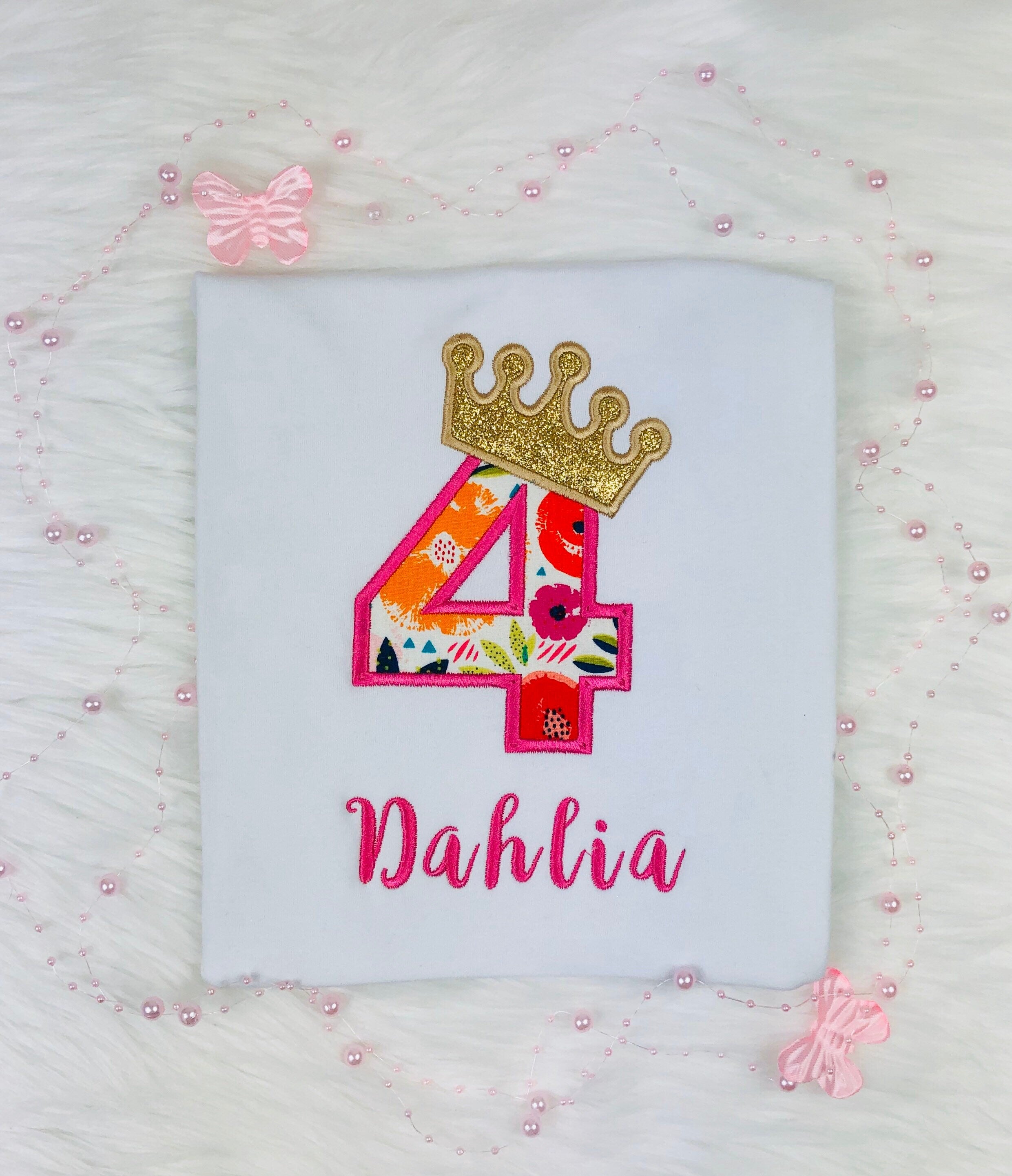 Girls shirt with birthday number and golden crown, Birthday outfit with sparkly crown