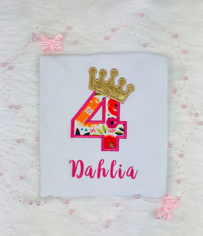Girls shirt with birthday number and golden crown, Birthday outfit with sparkly crown