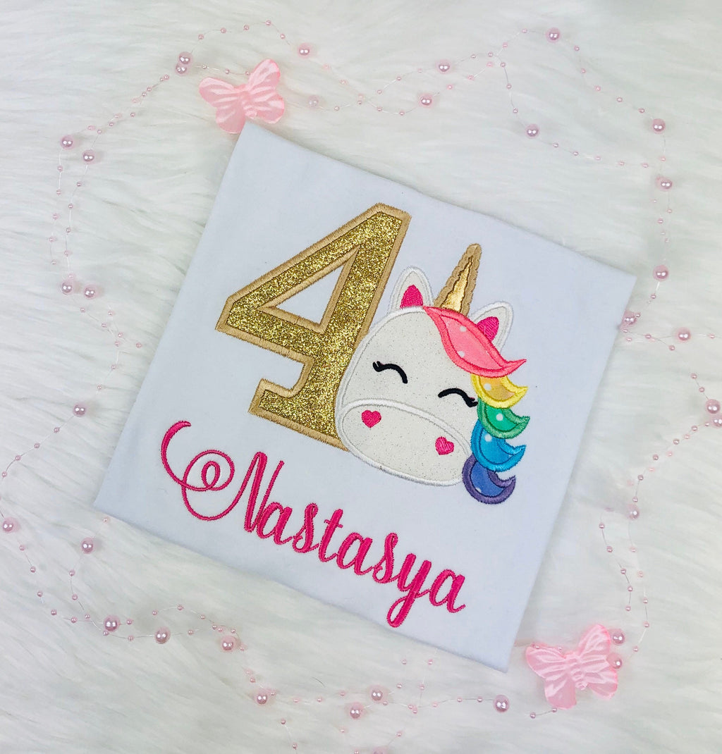 Birthday shirt with rainbow unicorn and gold number, Unicorn party, Unicorn outfit for a girl 2nd, 3rd, 4th birthday