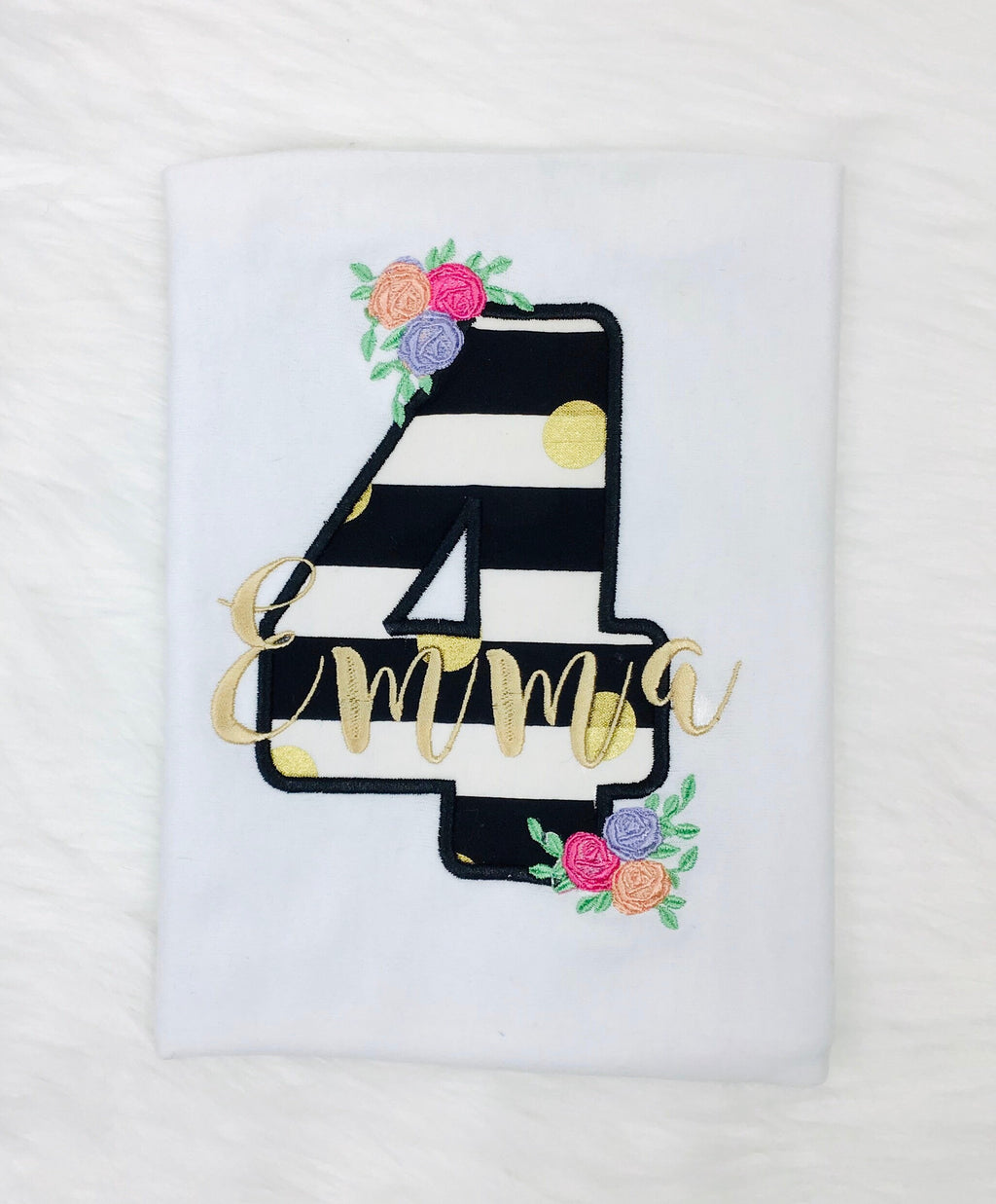 Girls Floral Birthday Shirt, Flowers Stripes, Roses - Black Pink Gold, Polka Dots Glitter, Personalized, Applique Shirt