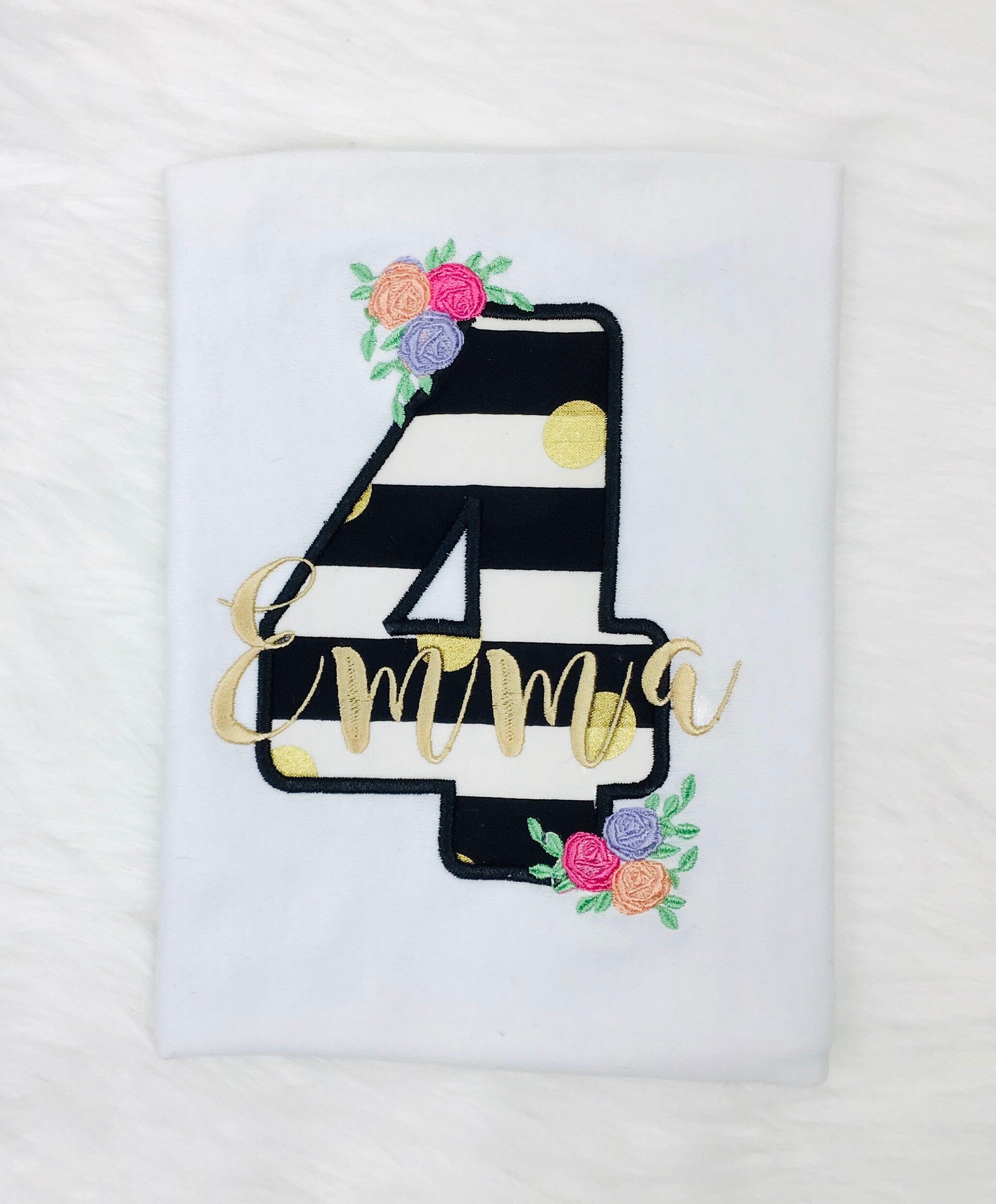 Girls Floral Birthday Shirt, Flowers Stripes, Roses - Black Pink Gold, Polka Dots Glitter, Personalized, Applique Shirt