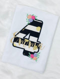 Girls Floral Birthday Shirt, Flowers Stripes, Roses - Black Pink Gold, Polka Dots Glitter, Personalized, Applique Shirt