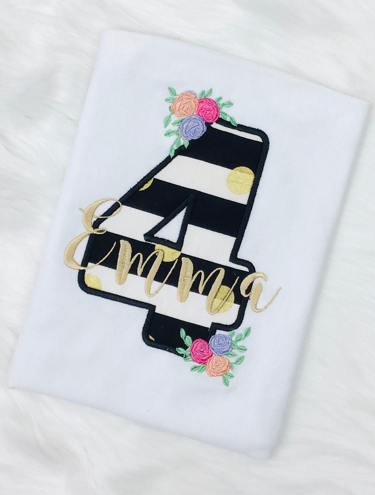 Girls Floral Birthday Shirt, Flowers Stripes, Roses - Black Pink Gold, Polka Dots Glitter, Personalized, Applique Shirt