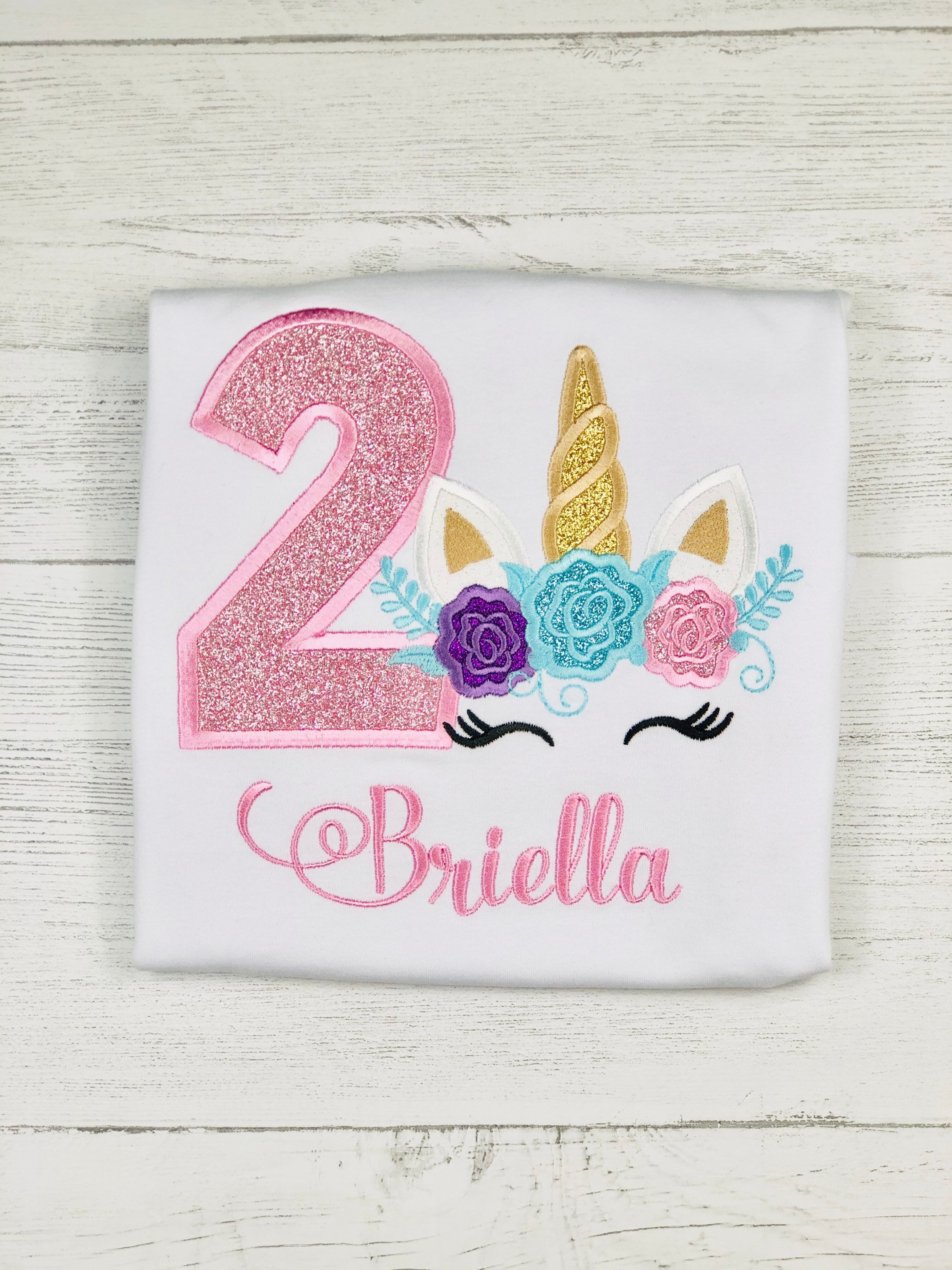 Birthday shirt with sparkly pink unicorn, Unicorn birthday outfit for 2nd birthday, Cute unicorn embroidery shirt, Unicorn 5th birthday