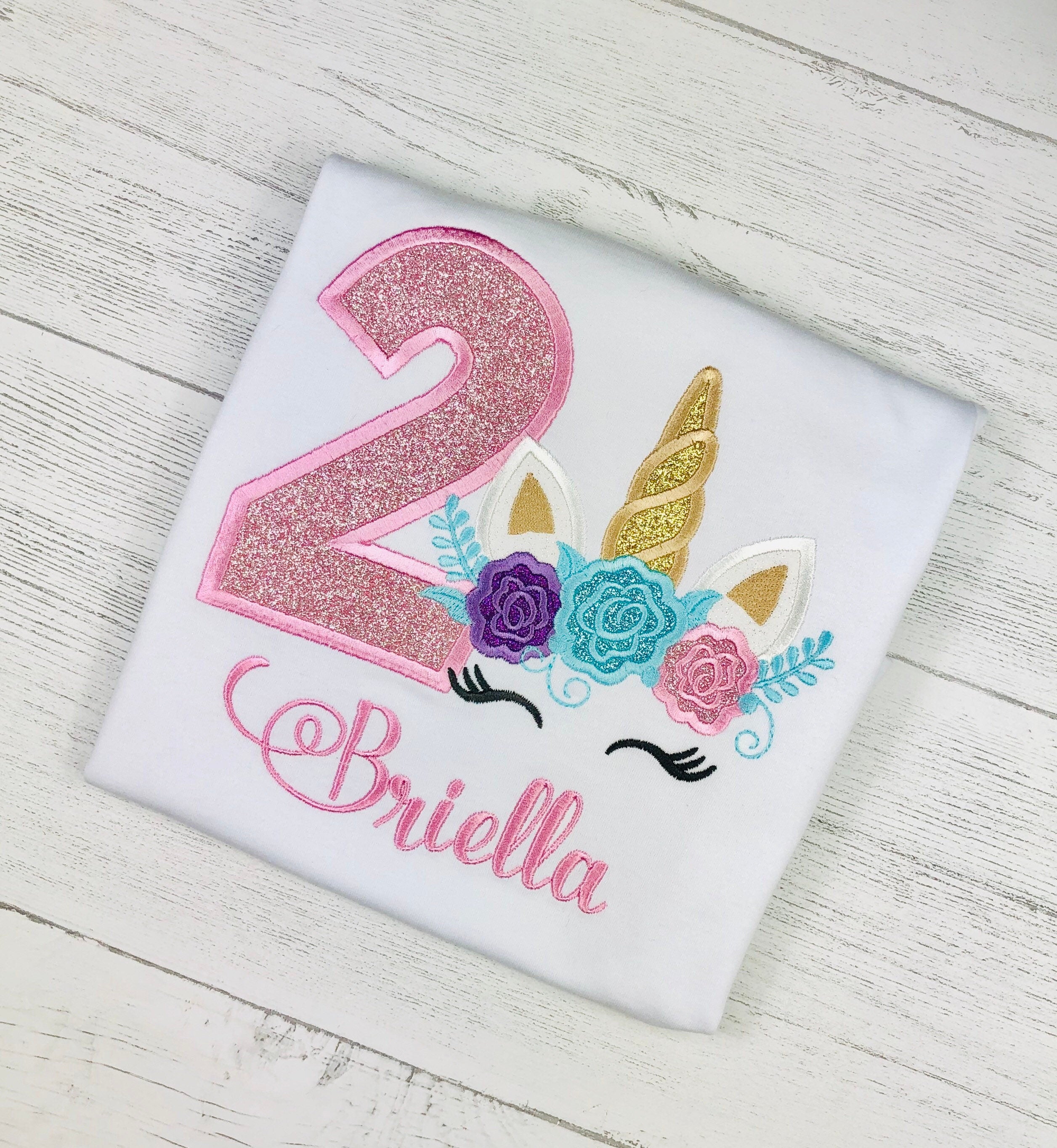 Birthday shirt with sparkly pink unicorn, Unicorn birthday outfit for 2nd birthday, Cute unicorn embroidery shirt, Unicorn 5th birthday