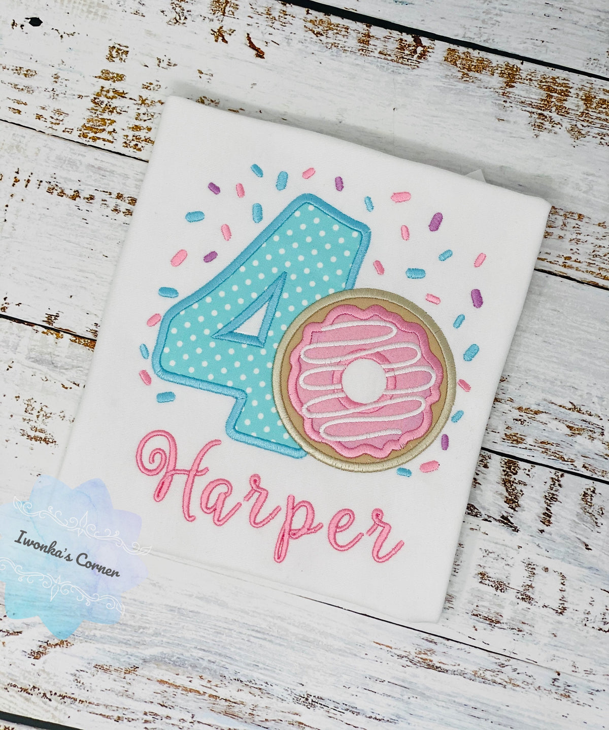 Girl 4th Donut Birthday Shirt With Name, 4th 5th, 6tBirthday Donut Shirt, Birthday Shirt with Donut, Donut Party, Number four Birthday Shirt