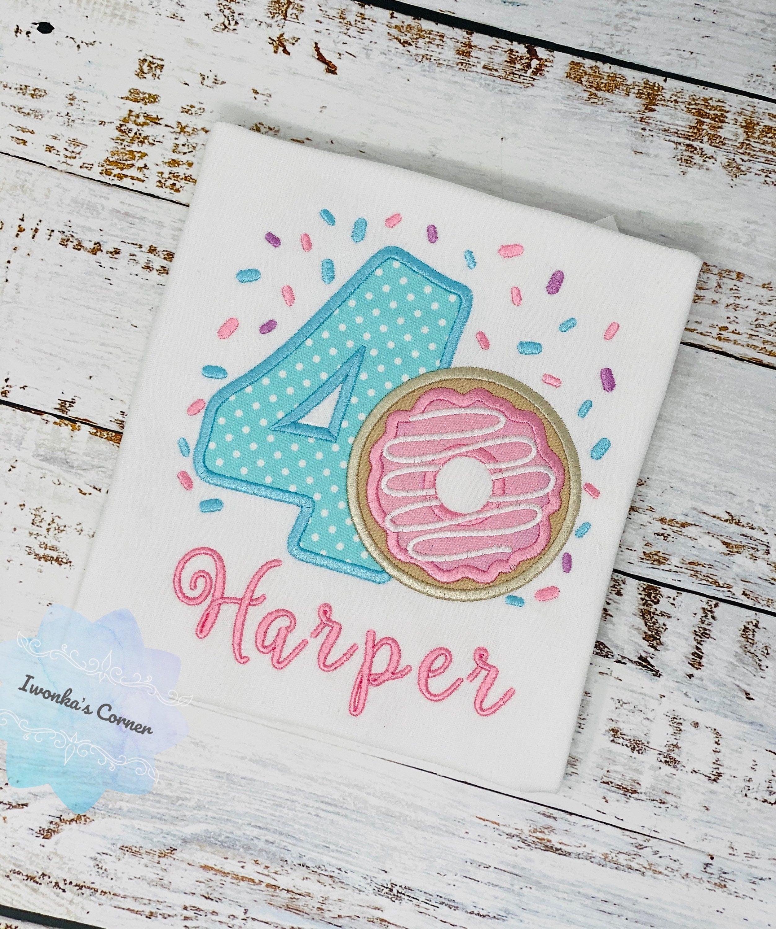 Girl 4th Donut Birthday Shirt With Name, 4th 5th, 6tBirthday Donut Shirt, Birthday Shirt with Donut, Donut Party, Number four Birthday Shirt