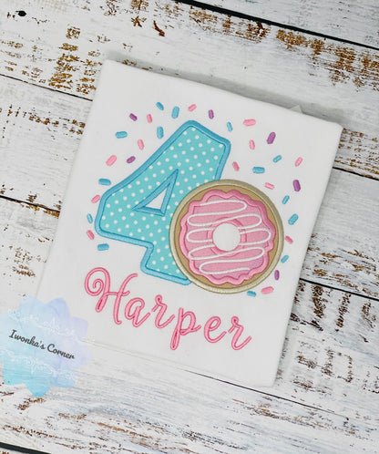 Girl 4th Donut Birthday Shirt With Name, 4th 5th, 6tBirthday Donut Shirt, Birthday Shirt with Donut, Donut Party, Number four Birthday Shirt