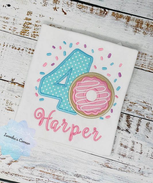 Girl 4th Donut Birthday Shirt With Name, 4th 5th, 6tBirthday Donut Shirt, Birthday Shirt with Donut, Donut Party, Number four Birthday Shirt