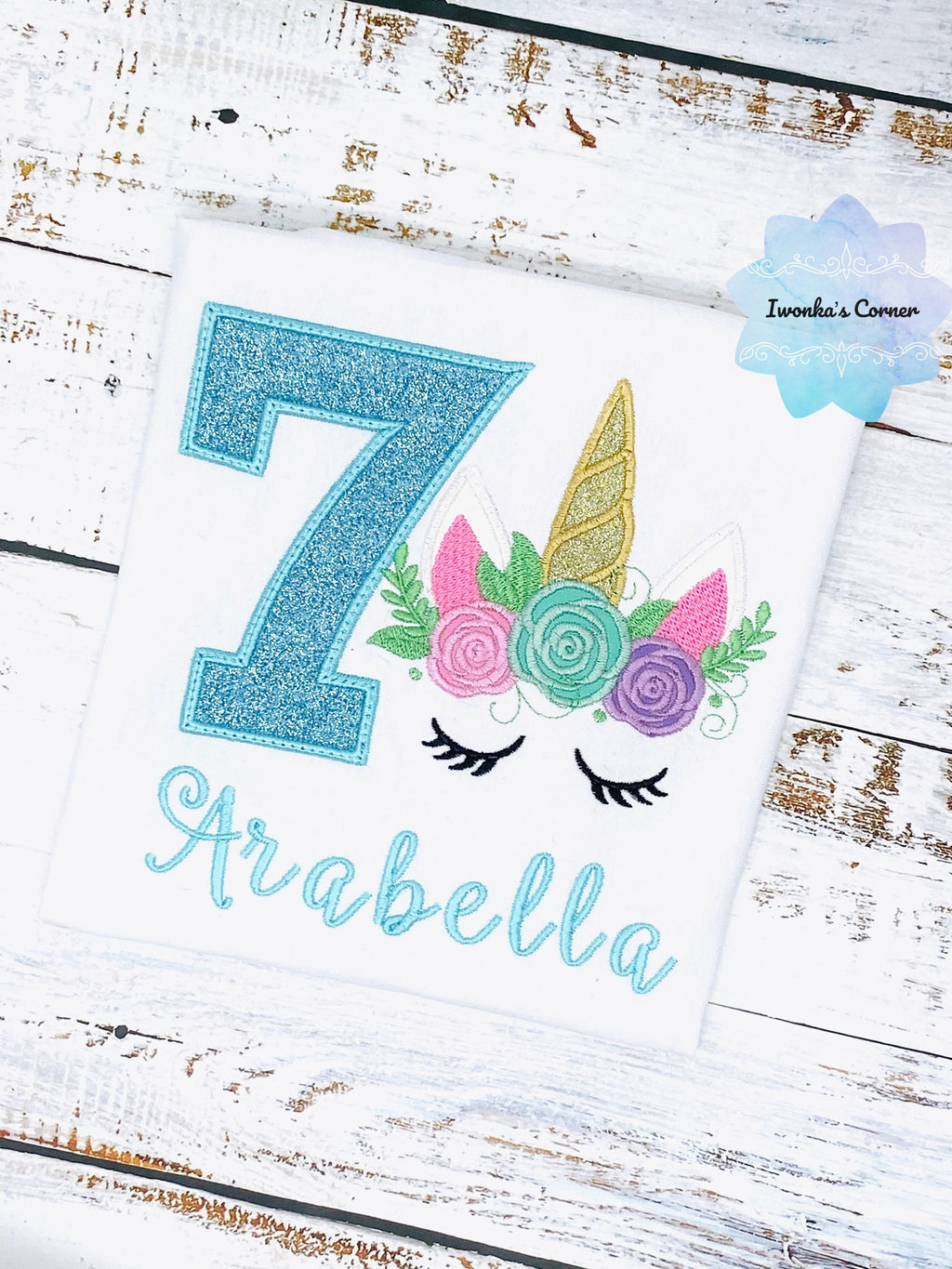 Birthday shirt with sparkly blue unicorn, Unicorn birthday outfit for 7th birthday, Cute unicorn embroidery shirt,