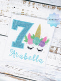 Birthday shirt with sparkly blue unicorn, Unicorn birthday outfit for 7th birthday, Cute unicorn embroidery shirt,